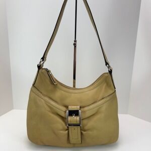 TIGNANELLO Shoulder Purse Yellow Tan Pebbled Leather Silver Buckle Hobo Handbag